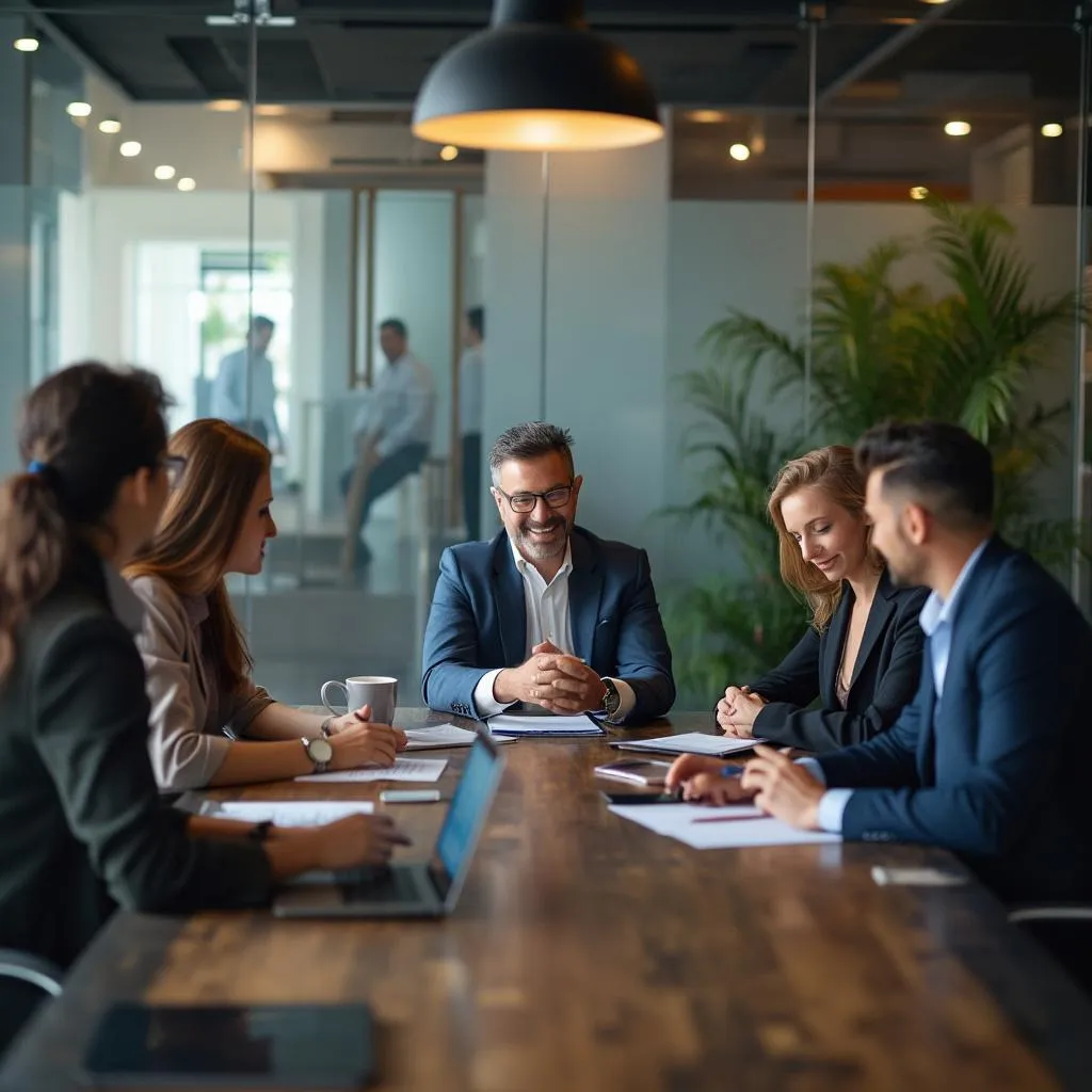 Equipo de consultores financieros en una reunión estratégica